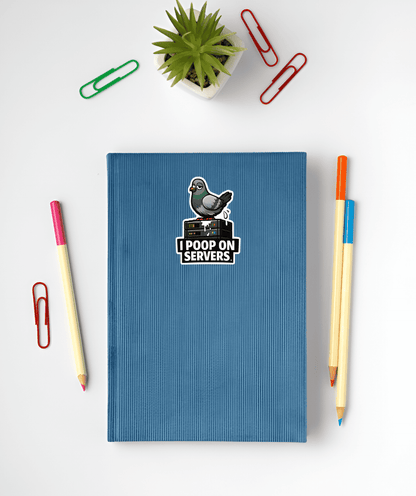 Blue notebook with a pigeon graphic and text on a white background with stationery items.