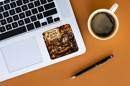 Twas the Carbs M’Lord funny medieval knight and food humor sticker displayed on a laptop