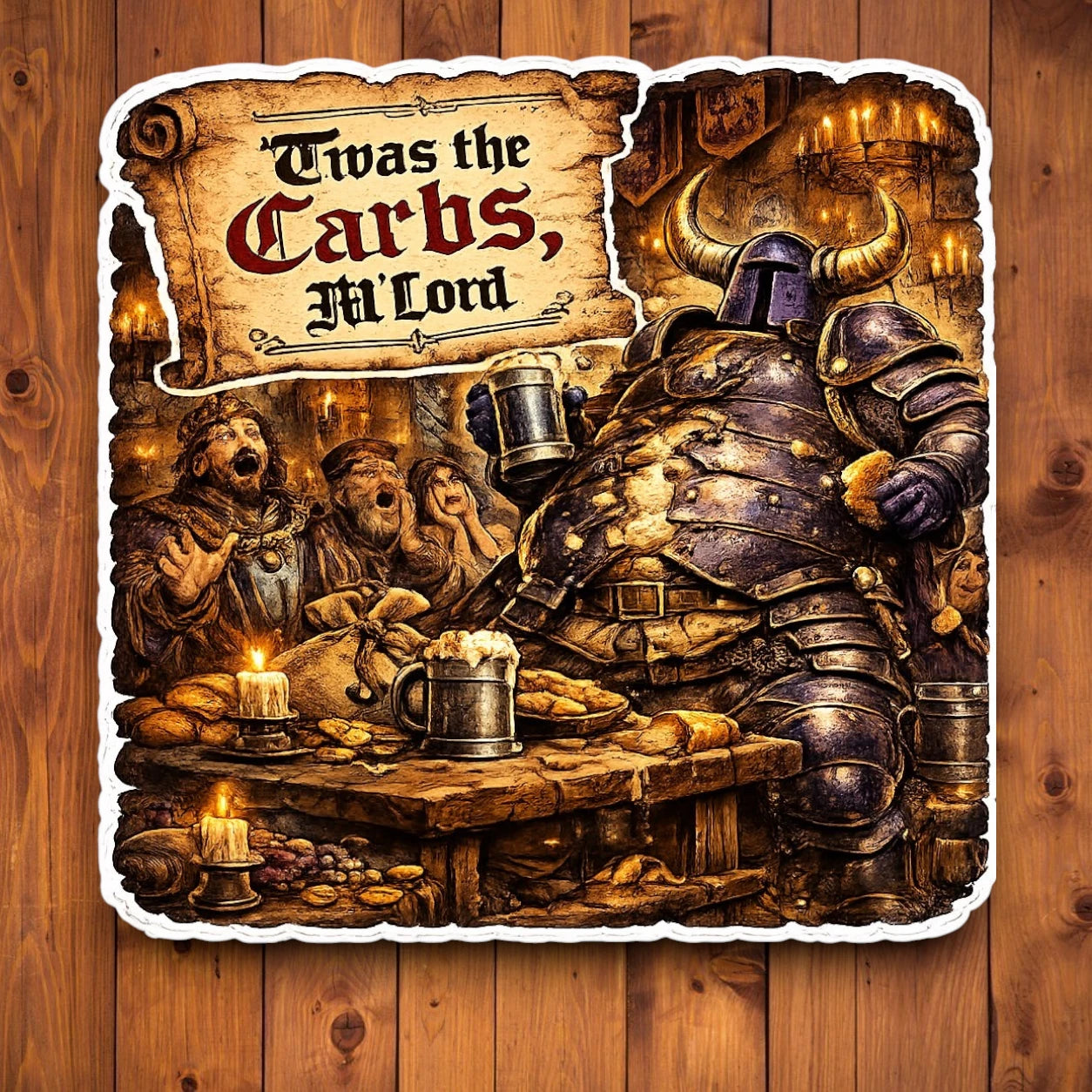 Twas the Carbs M’Lord funny medieval knight sticker featuring a large armored knight celebrating at a tavern feast