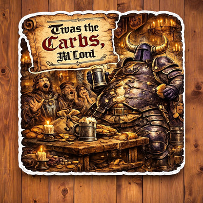 Twas the Carbs M’Lord funny medieval knight sticker featuring a large armored knight celebrating at a tavern feast
