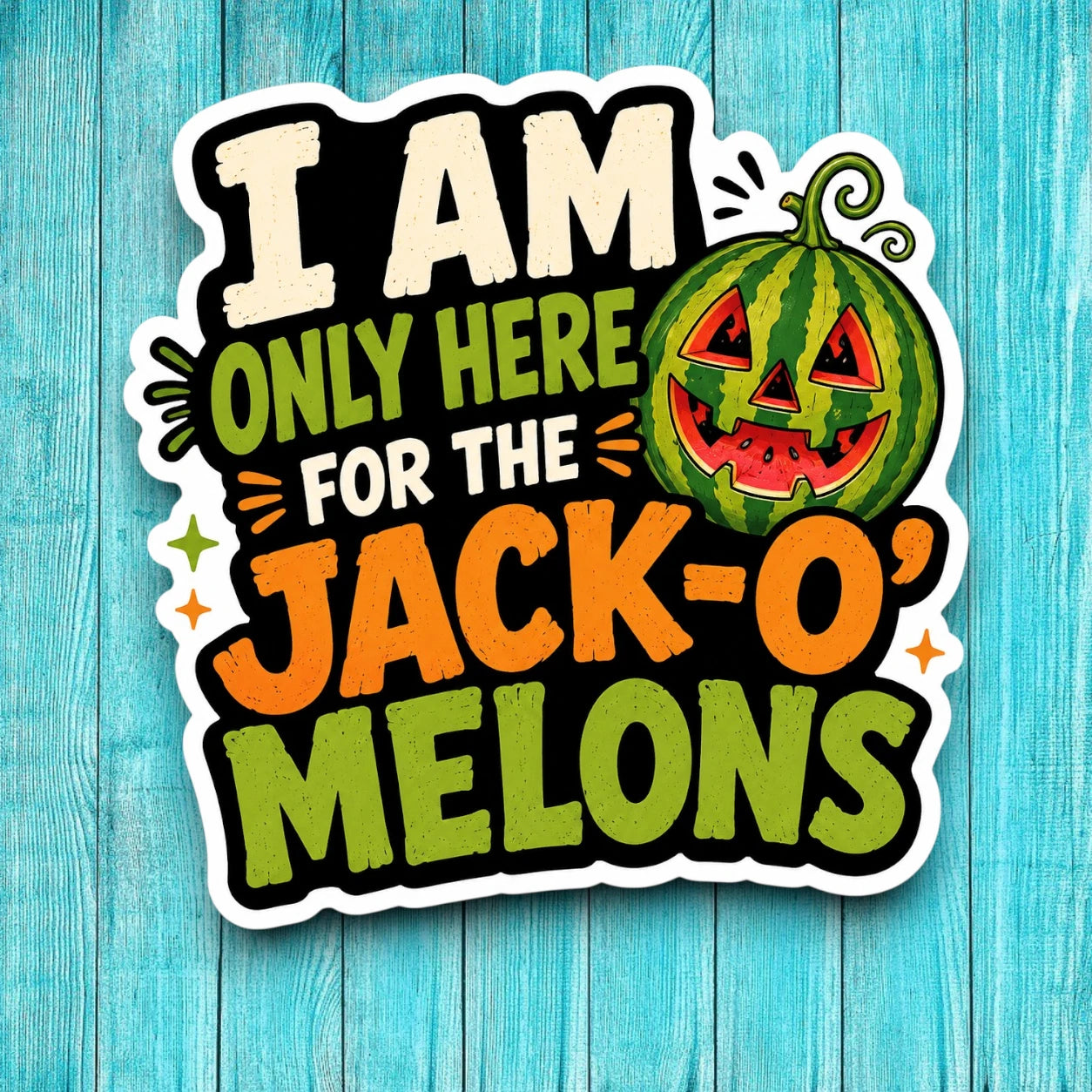Summerween-themed sticker with jack-o'-lantern watermelon on a blue wooden background