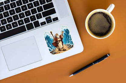 Moses parting the Red Sea Christian sticker displayed on a silver laptop beside a cup of coffee