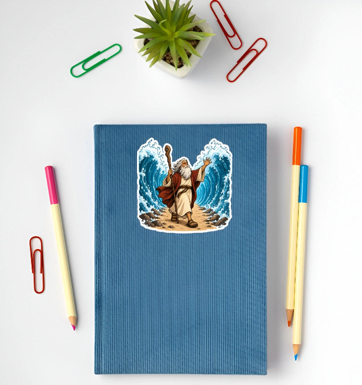 Moses walking between parted Red Sea waves Christian Bible sticker displayed on a blue notebook