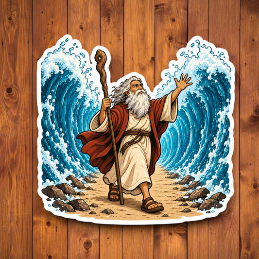 Christian sticker featuring Moses with a staff walking through the parted Red Sea between towering blue waves
