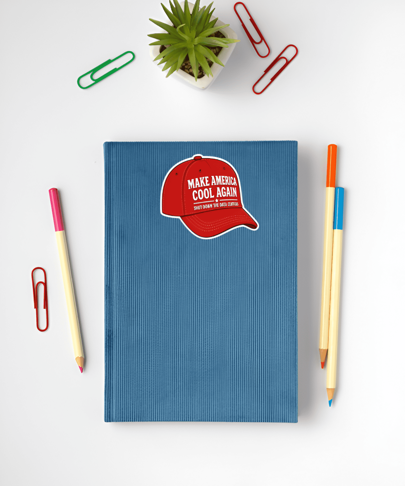 Blue notebook with a red cap graphic and text on a white surface with stationery items.