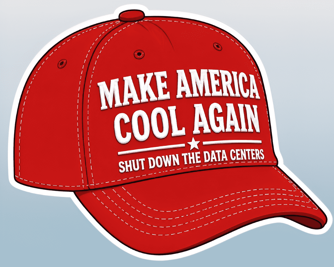 Red cap with white text 'MAKE AMERICA COOL AGAIN SHUT DOWN THE DATA CENTERS' on a light blue background