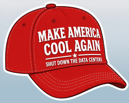 Red cap with white text 'MAKE AMERICA COOL AGAIN SHUT DOWN THE DATA CENTERS' on a light blue background