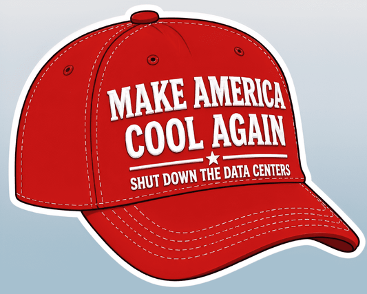 Red cap with white text 'MAKE AMERICA COOL AGAIN SHUT DOWN THE DATA CENTERS' on a light blue background
