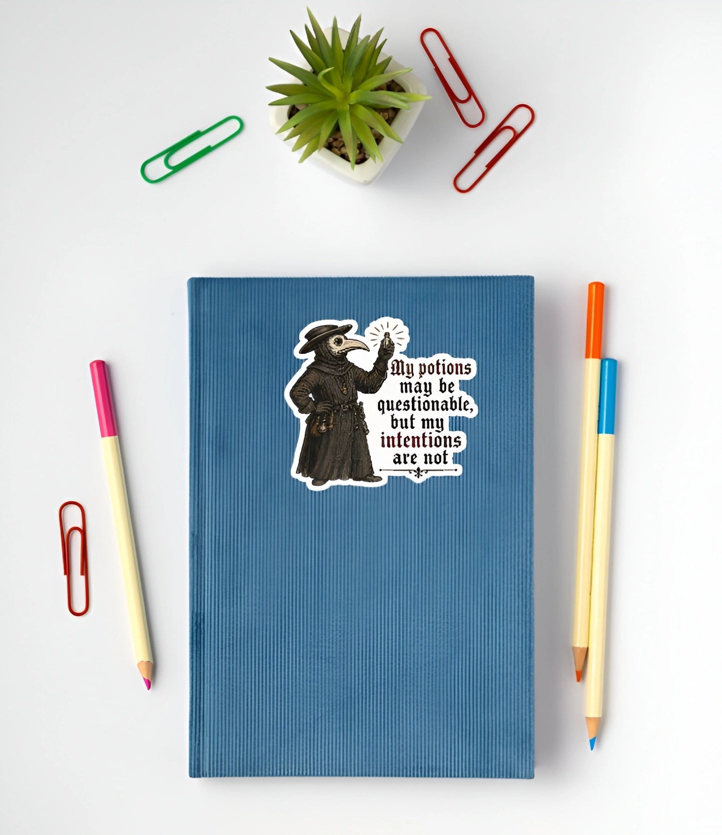 A blue ribbed notebook with a vintage-style cartoon sticker of a plague doctor and the quote 'My potions may be questionable, but my intentions are not', shown in a flat-lay arrangement with colored paperclips, a small potted succulent, and two pencils on a white background.
