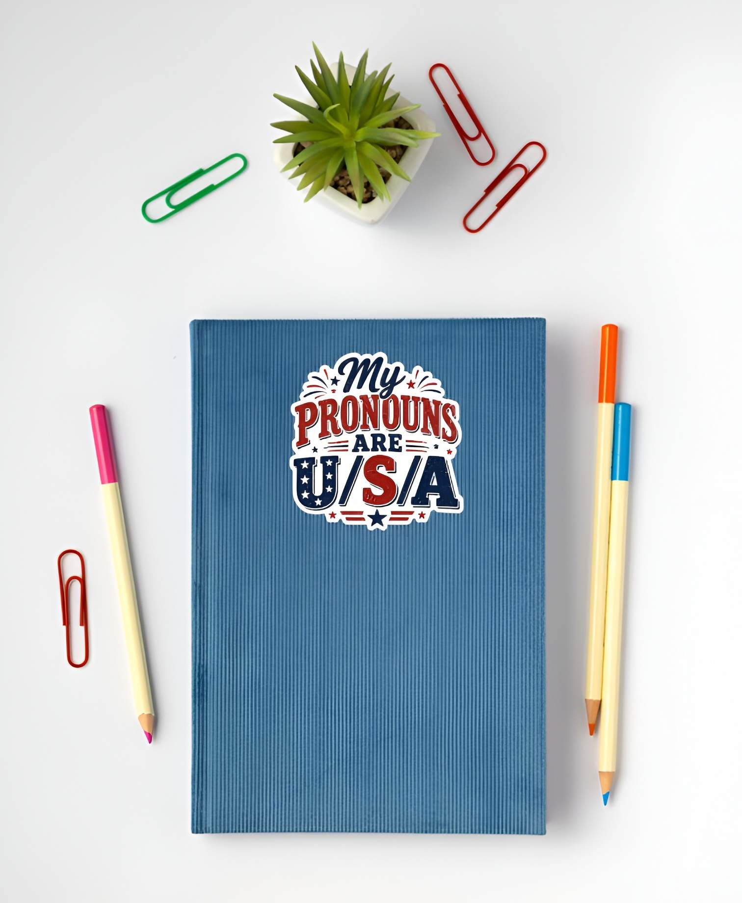 Blue notebook with 'My Pronouns Are U/S/A' design on a white surface with stationery items.