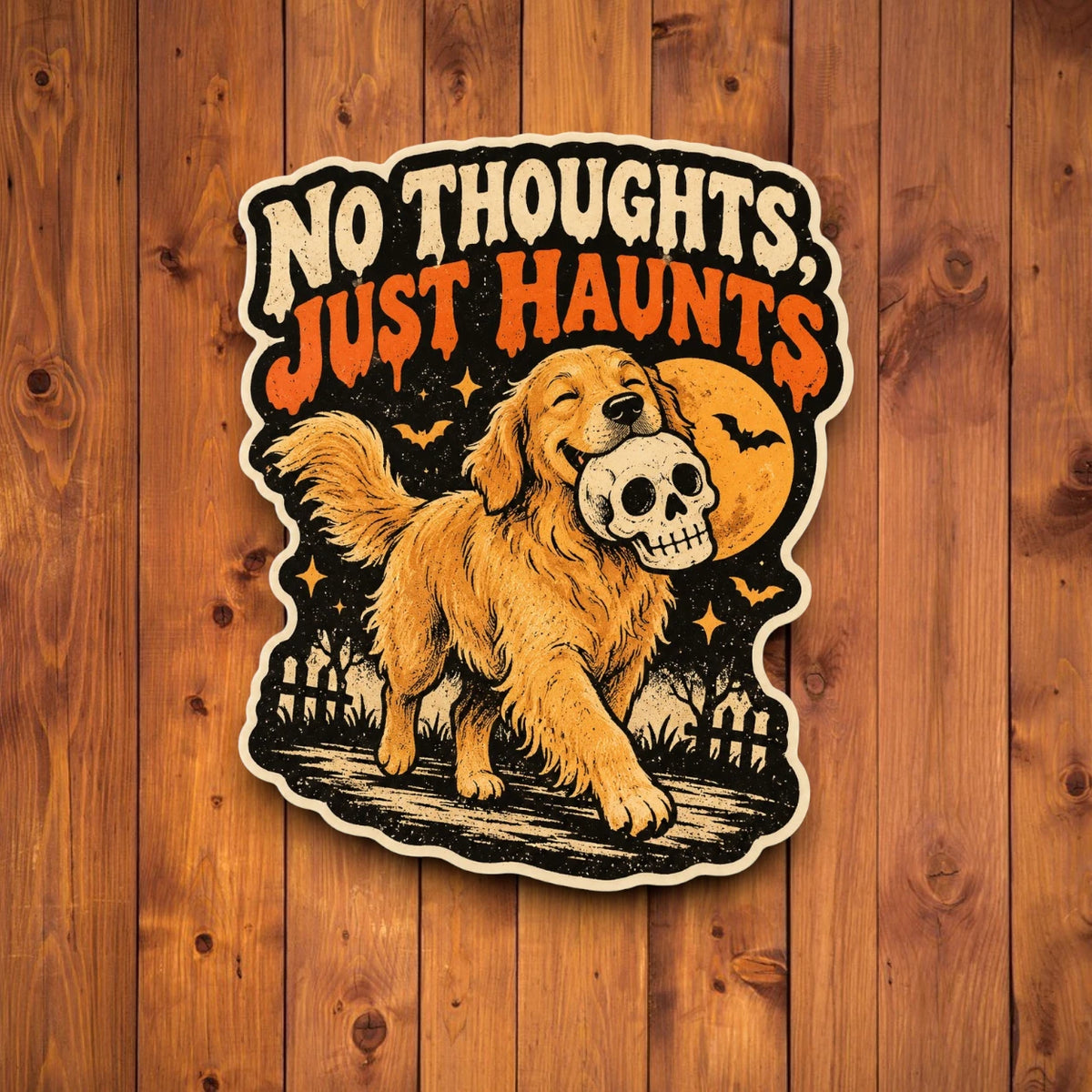 Vintage No Thoughts Just Haunts golden retriever carrying a skull Halloween sticker with moon and bats