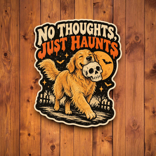 Vintage No Thoughts Just Haunts golden retriever carrying a skull Halloween sticker with moon and bats