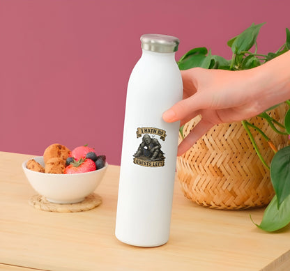 A hand holds a white insulated water bottle with a silver cap on a wooden table with the text 'THAT NO QUESTS LEFT' and an illustration of a knight in armor. 