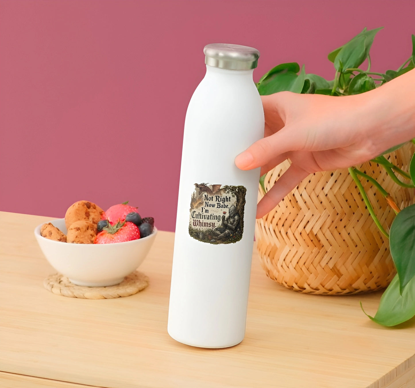 Cultivating Whimsy medieval knight sticker displayed on a white water bottle