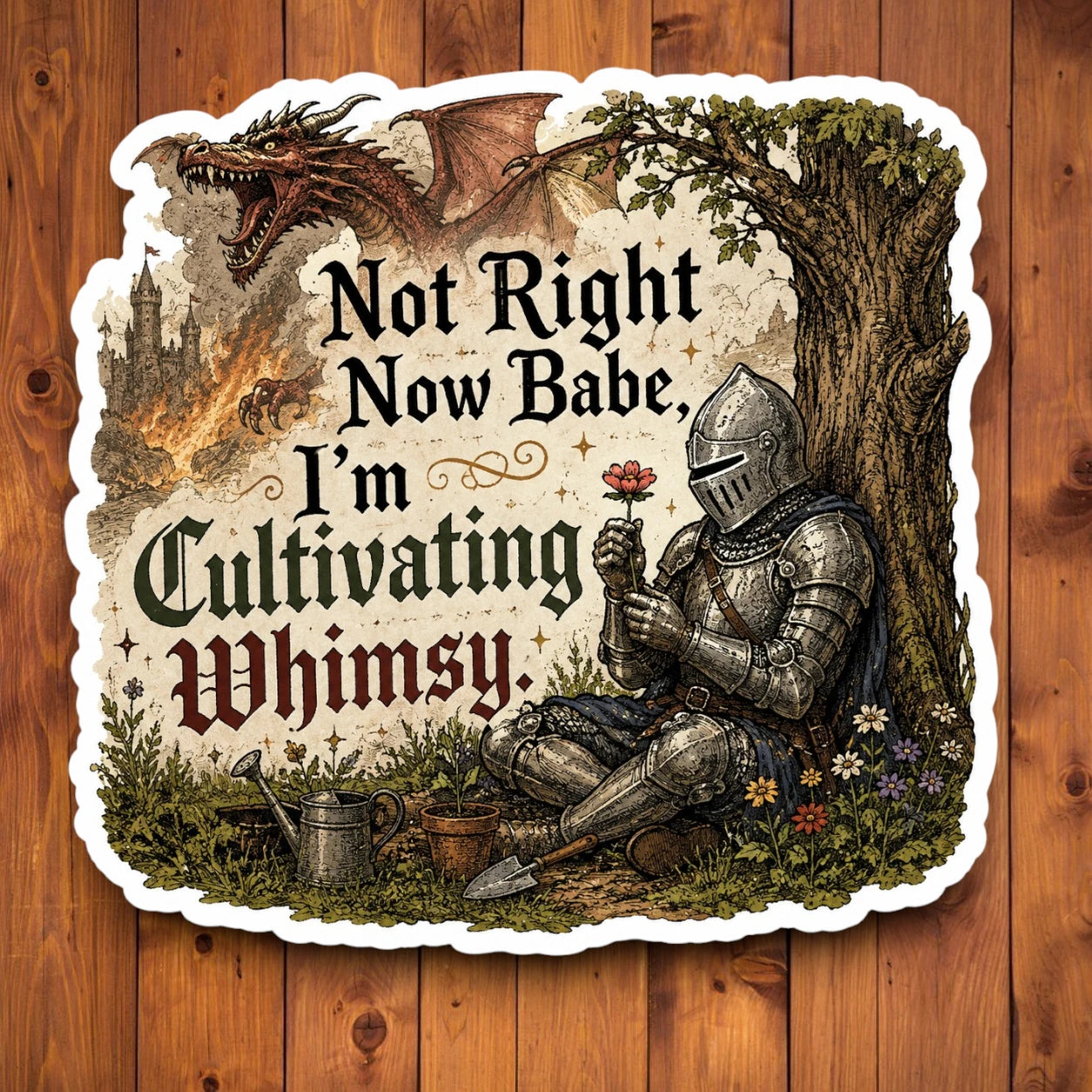 Medieval knight cultivating whimsy sticker with flower, dragon and fantasy scene on a wood background
