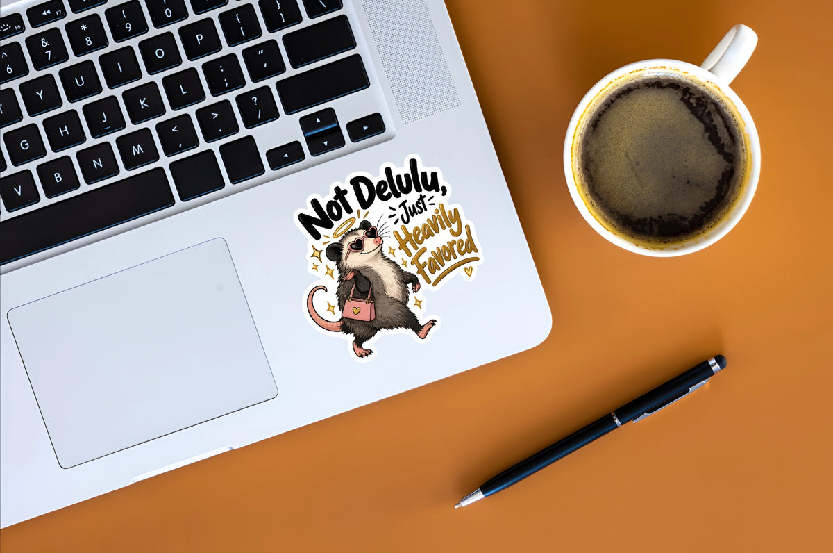 A die-cut sticker featuring a cartoon badger carrying a pink bag with the text 'Not Delulu, Just Heavily Favored' applied to the palm rest of a silver laptop. The laptop is shown in a styled flat-lay on an orange surface alongside a cup of coffee and a black pen.