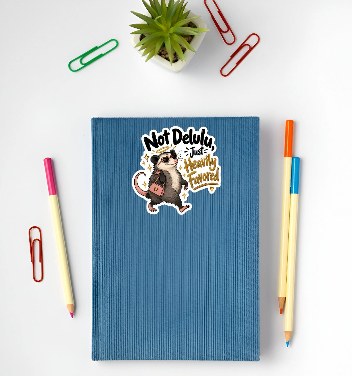 A blue textured hardcover notebook with a cartoon rat sticker that reads 'Not Delulu. Just Heavily Favored' is arranged in a flat lay on a white background with colorful paperclips, pencils, and a small potted succulent.