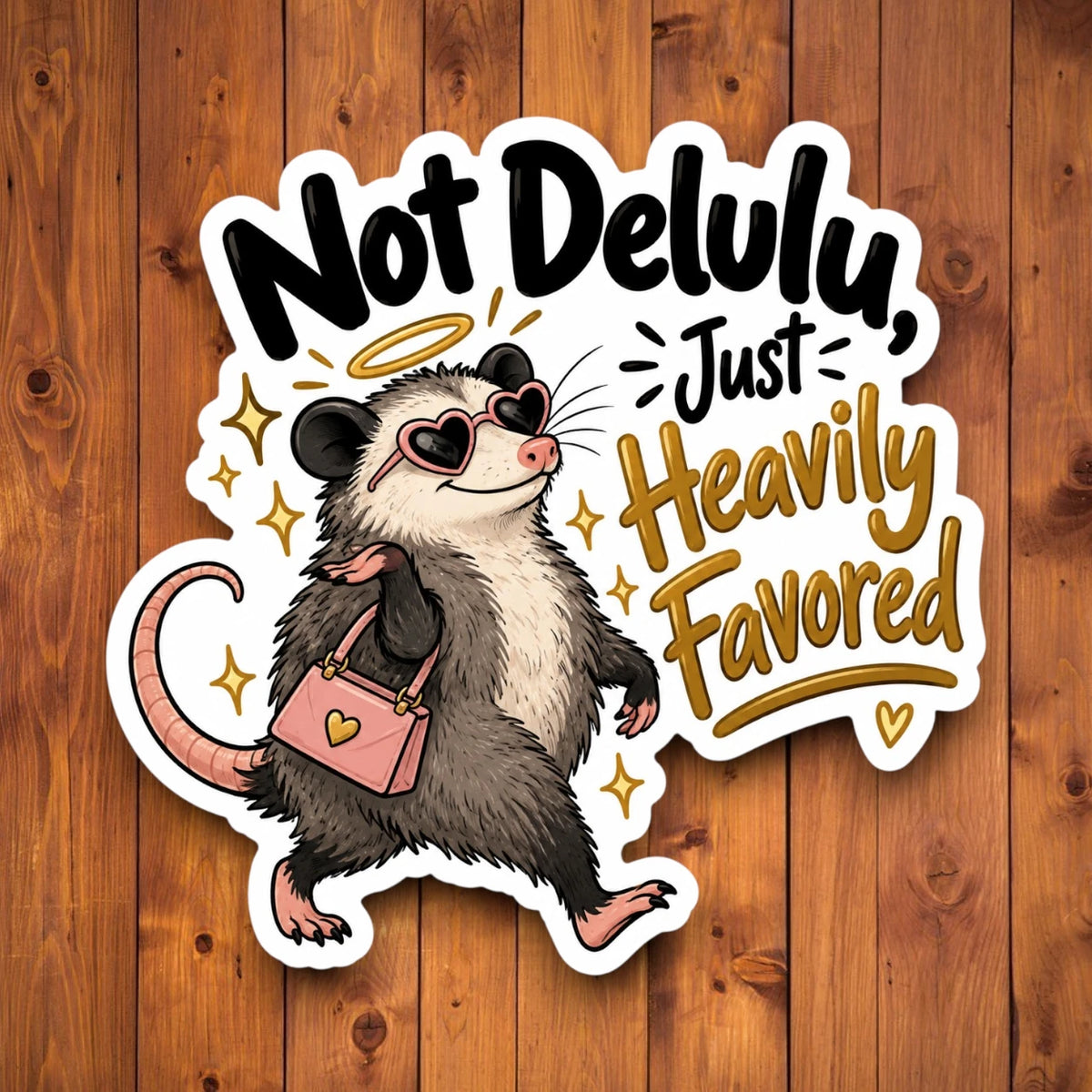A die-cut sticker featuring a cartoon opossum wearing heart-shaped sunglasses and carrying a pink purse, with the text 'Not Delulu, Just Heavily Favored' on a wood plank background.