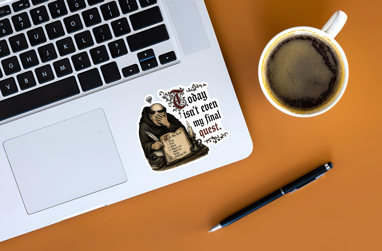 Funny medieval monk sticker with “Today Isn’t Even My Final Quest” quote on a laptop