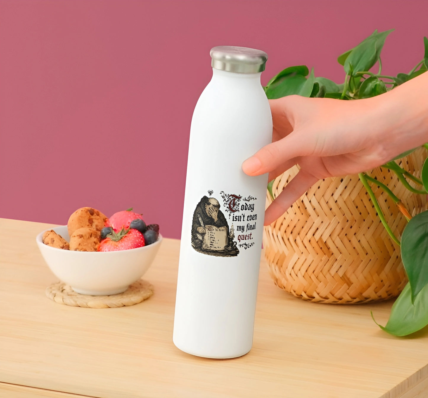 Funny medieval monk waterproof sticker with final quest quote on a white water bottle
