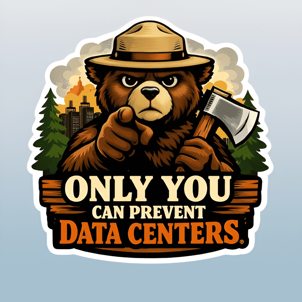 A flat, isolated vinyl sticker based on the file Only_you_can_prevent_data_centers-with background-Picsart-AiImageEnhancer (1).png featuring a fierce cartoon forest bear wearing a ranger hat, holding an axe, and pointing directly forward in front of a smoking city skyline, with bold text reading "ONLY YOU CAN PREVENT DATA CENTERS."