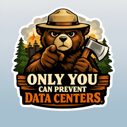 A flat, isolated vinyl sticker based on the file Only_you_can_prevent_data_centers-with background-Picsart-AiImageEnhancer (1).png featuring a fierce cartoon forest bear wearing a ranger hat, holding an axe, and pointing directly forward in front of a smoking city skyline, with bold text reading "ONLY YOU CAN PREVENT DATA CENTERS."