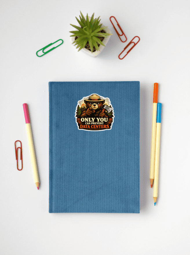 Blue notebook with a sticker featuring a bear and text, surrounded by stationery items on a white background.