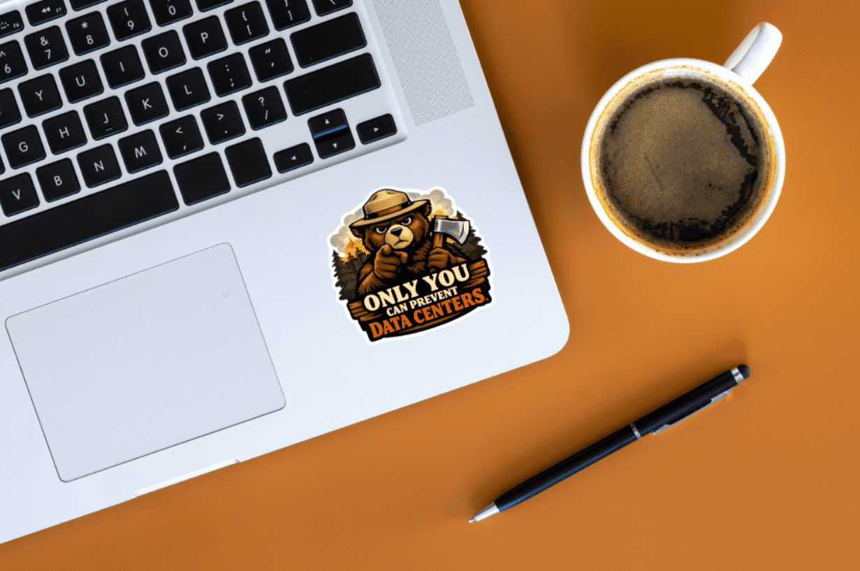 Laptop with a sticker on a brown surface next to a cup of coffee and pen