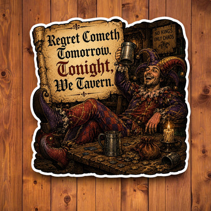 Regret Cometh Tomorrow Tonight We Tavern medieval jester sticker featuring a laughing court jester raising a mug in a tavern