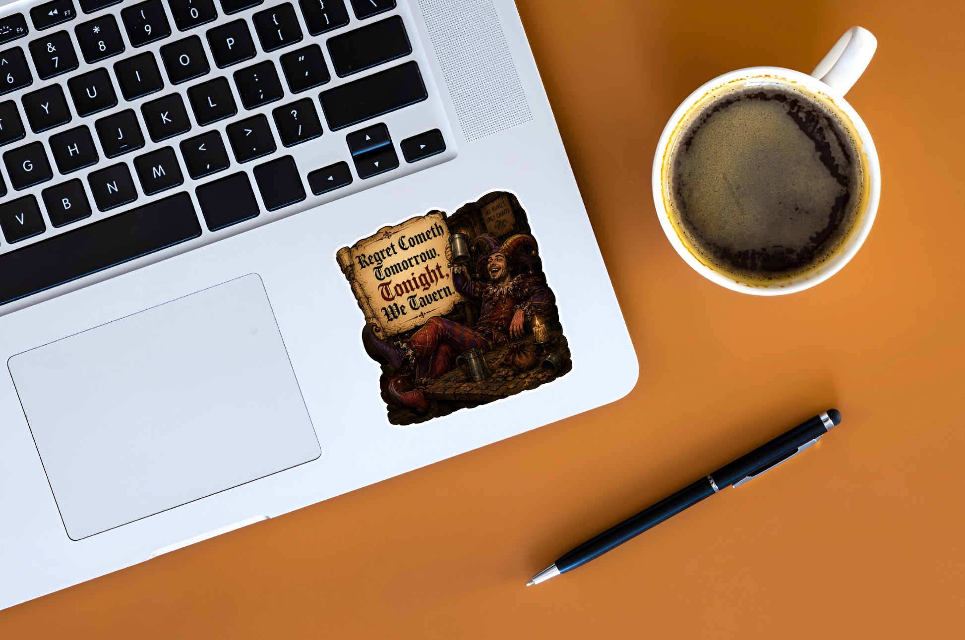Regret Cometh Tomorrow Tonight We Tavern medieval jester sticker displayed on a laptop, featuring a funny tavern meme design
