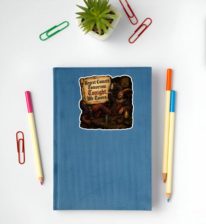Funny medieval jester sticker reading Regret Cometh Tomorrow Tonight We Tavern displayed on a blue notebook