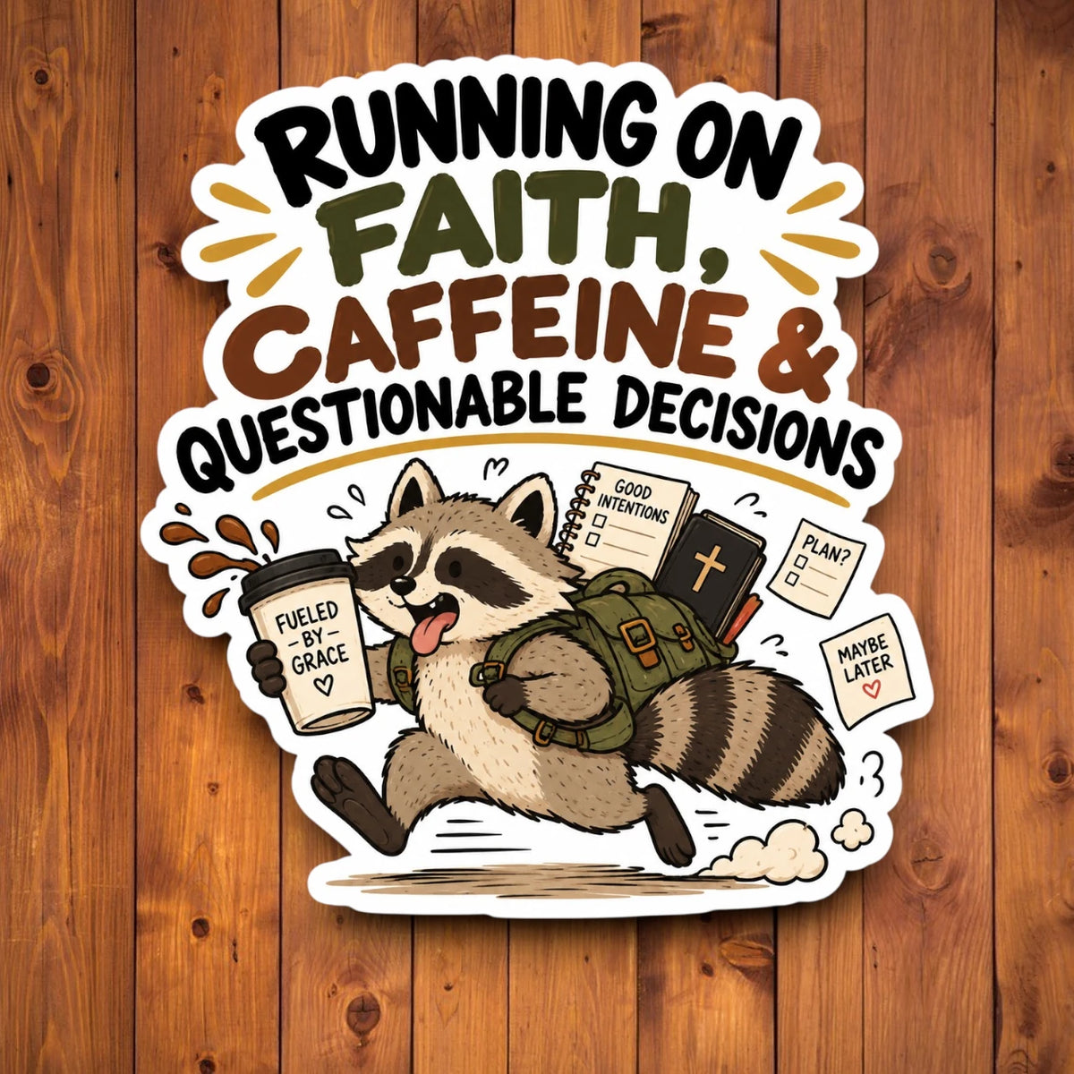 A die-cut sticker featuring a cartoon raccoon running with a coffee cup and backpack, with the text “RUNNING ON FAITH, CAFFEINE & QUESTIONABLE DECISIONS,” shown against a wood plank background.