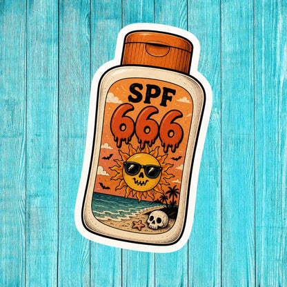 Sunglasses with SPF 666 design on a blue wooden background
