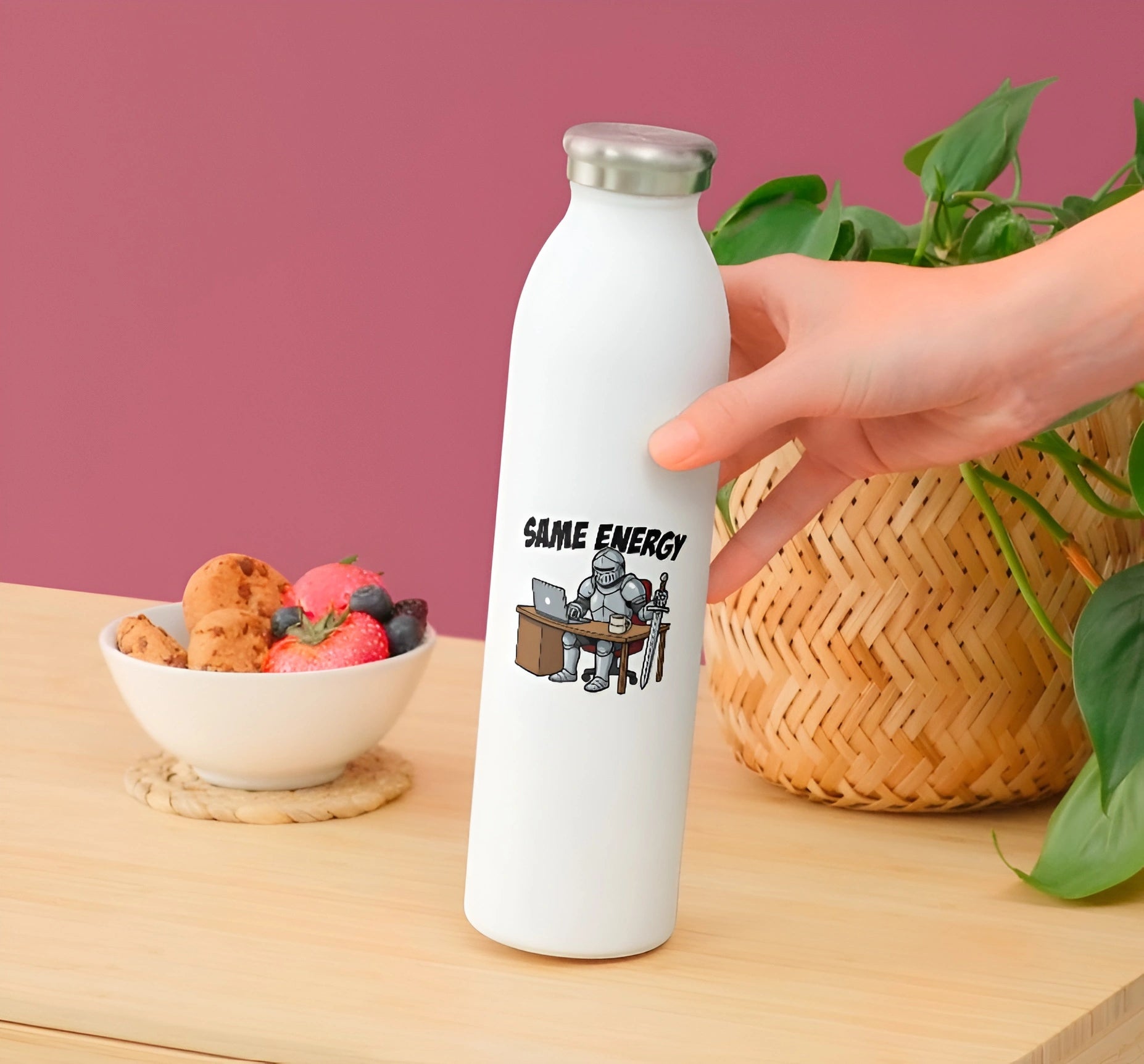 Same Energy waterproof knight sticker shown on a white water bottle