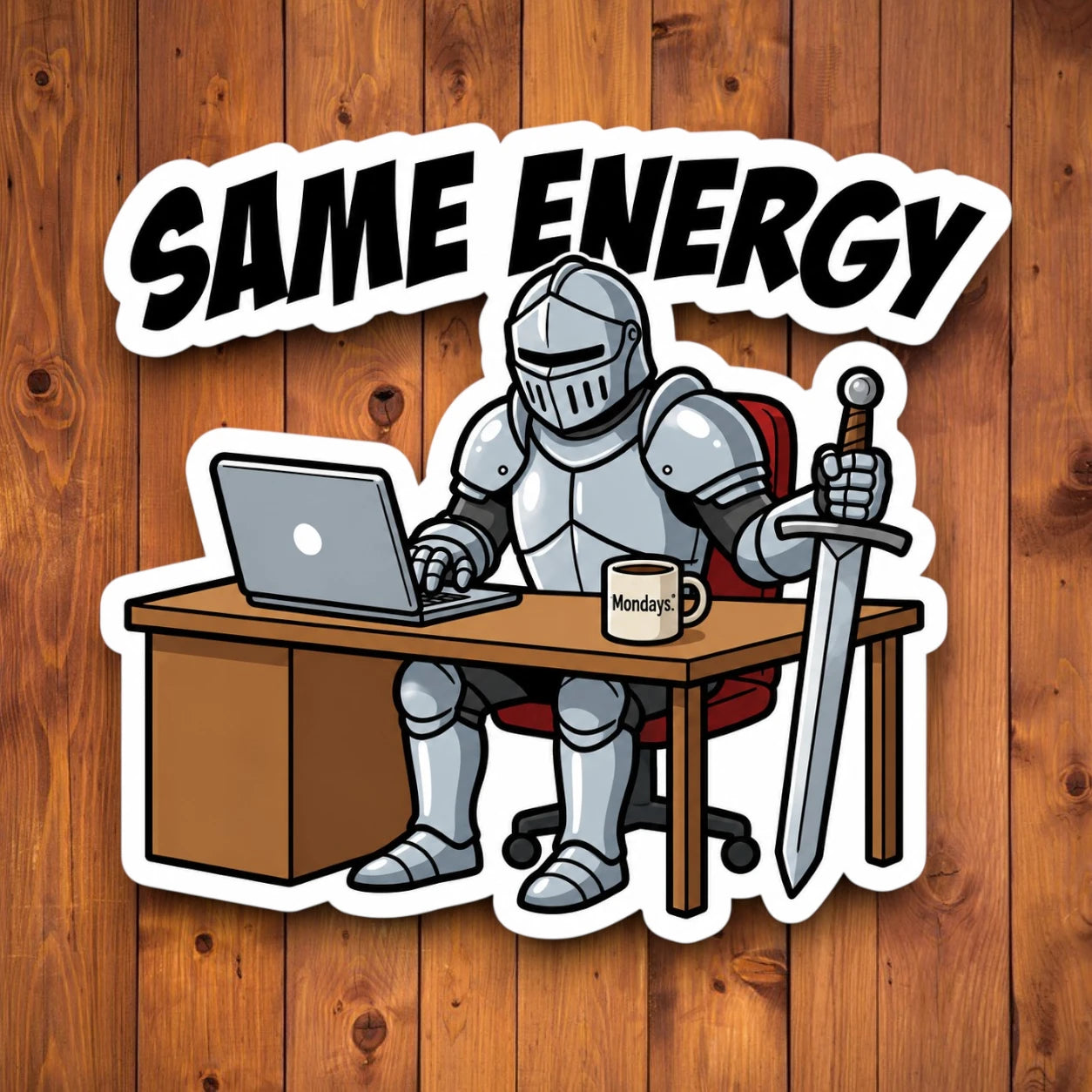 Funny knight office sticker with text Same Energy on wood background