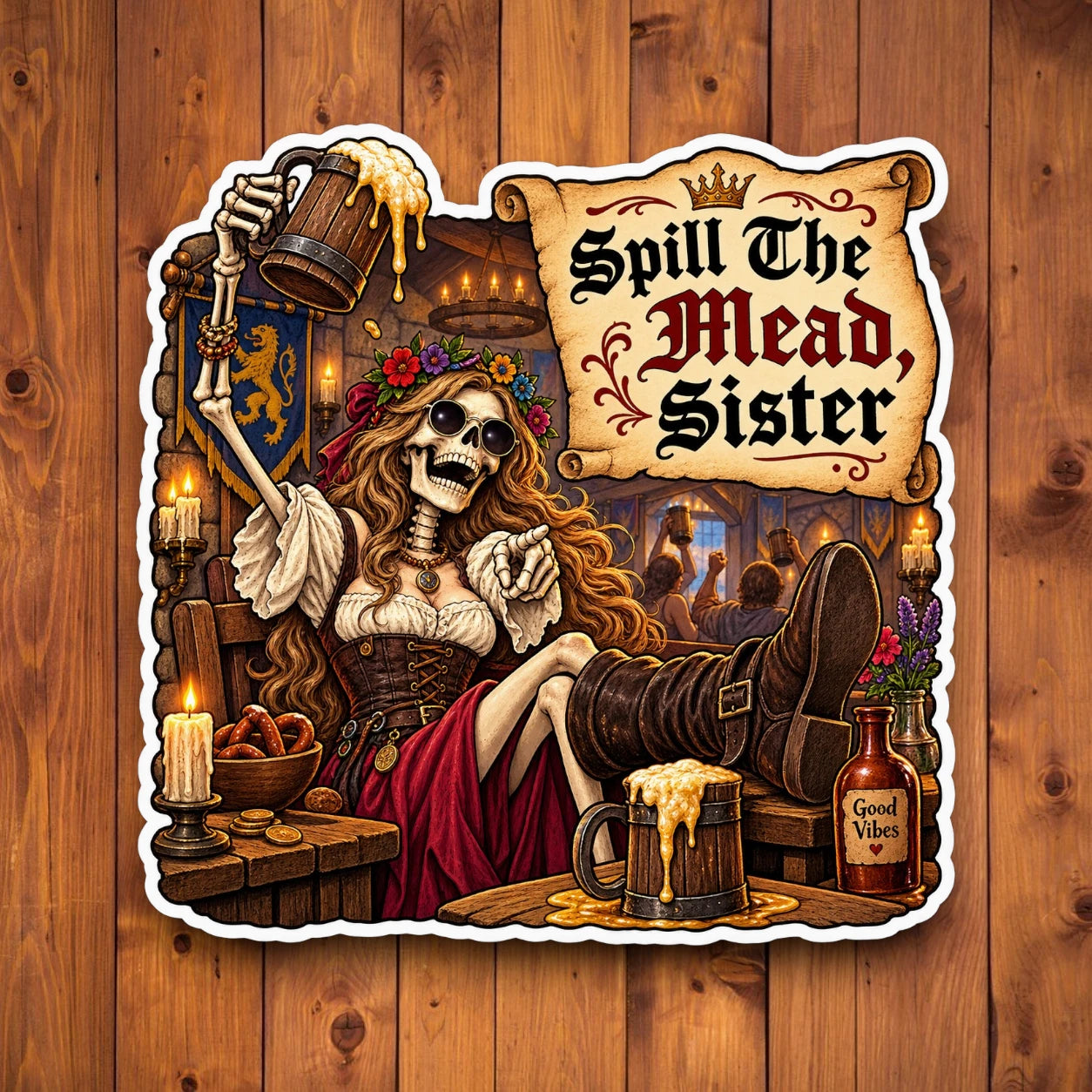 Spill The Mead Sister funny medieval skeleton sticker featuring a lounging skeleton holding a mug of mead in a tavern