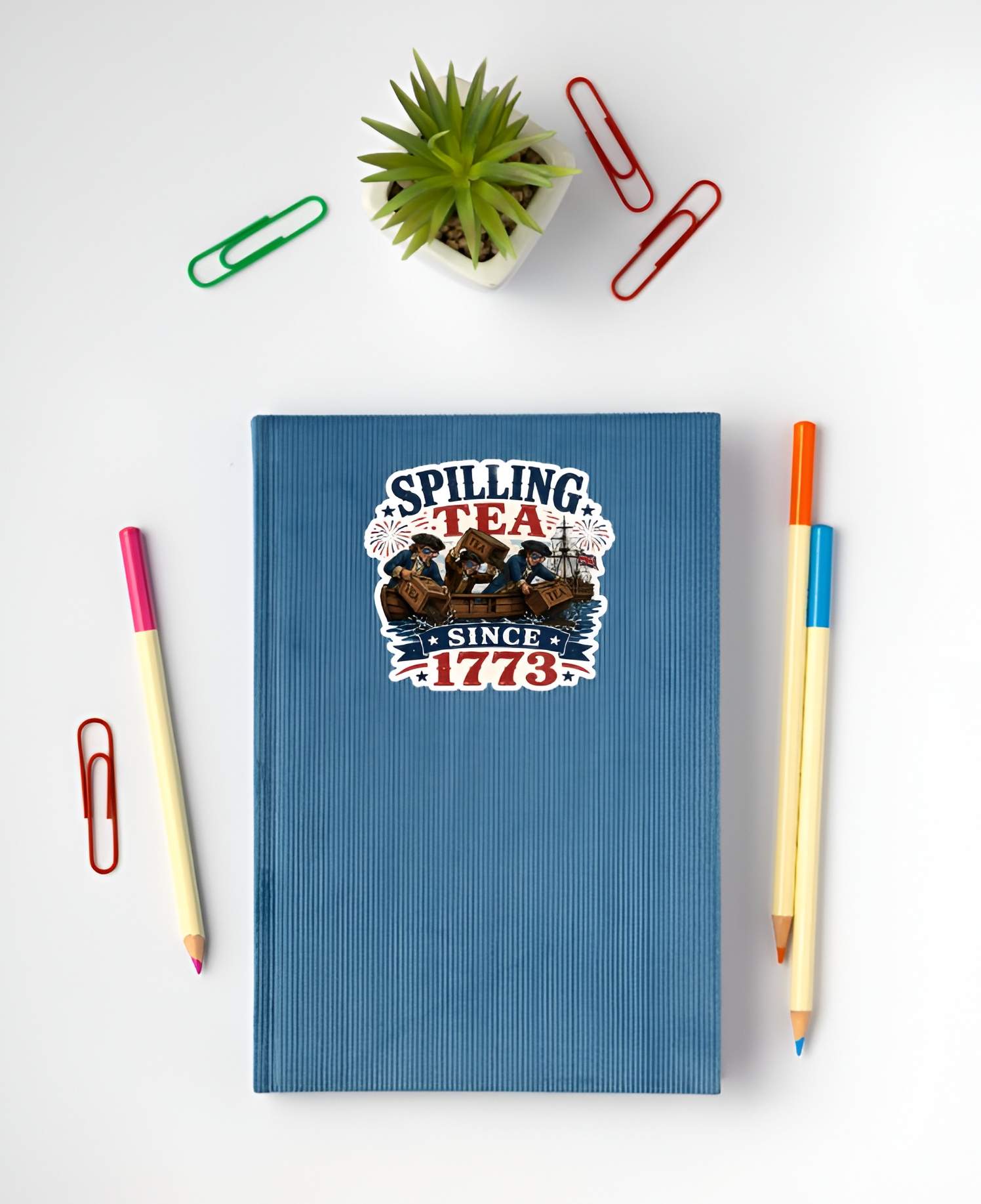 A flat, isolated vinyl sticker based on the file Spilling Tea with background.webp featuring a patriotic parody of the Boston Tea Party, showing three colonial men in a wooden rowboat wearing American flag sunglasses and dumping crates of tea into the harbor with a large ship behind them, surrounded by fireworks, stars, and bold text reading "SPILLING TEA SINCE 1773".