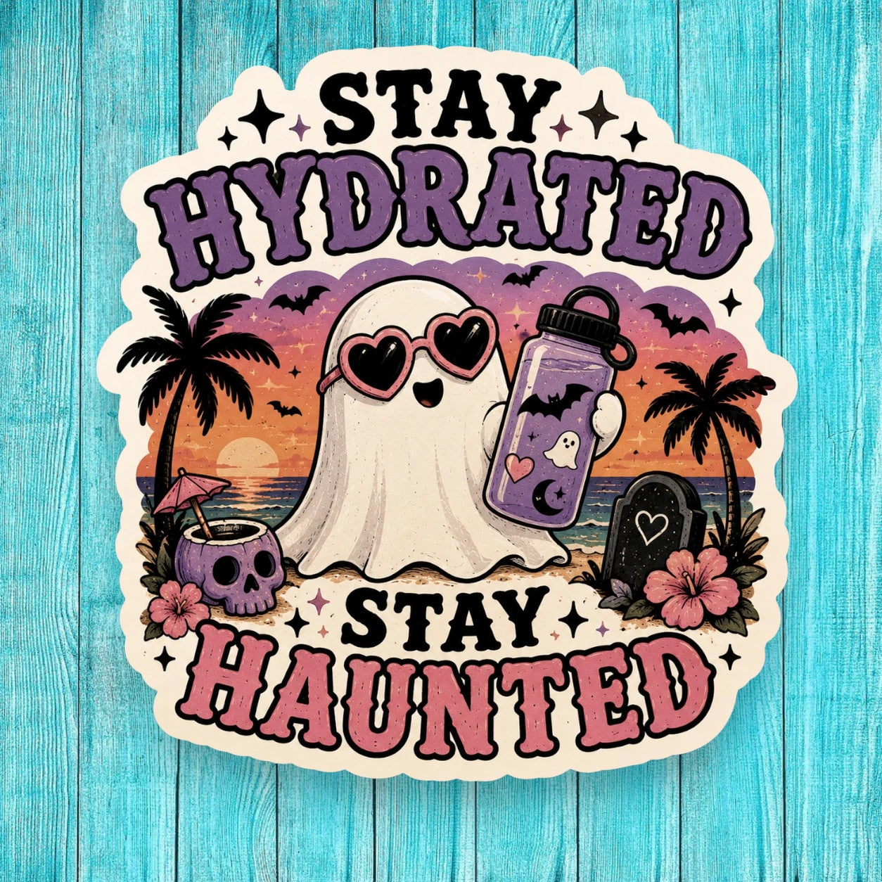 Sticker with a ghost holding a drink, palm trees, and text 'Stay Hydrated Stay Haunted' on a blue wooden background.