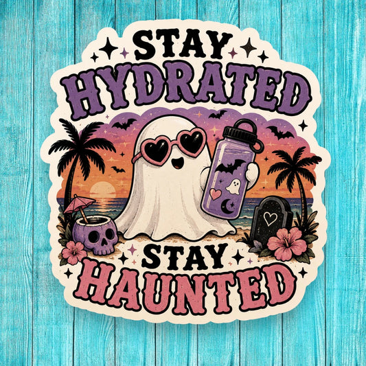 Sticker with a ghost holding a drink, palm trees, and text 'Stay Hydrated Stay Haunted' on a blue wooden background.