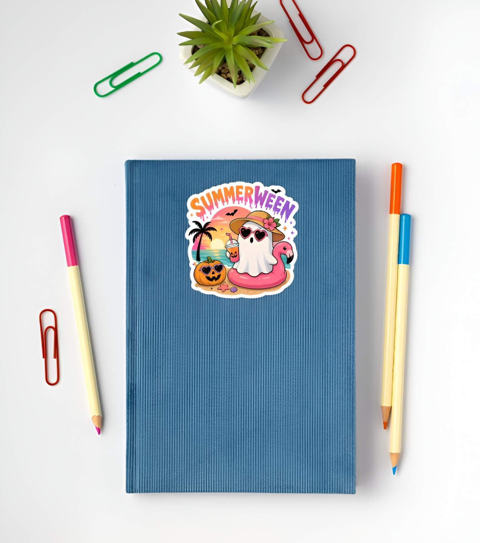 Blue notebook with a Summerween sticker featuring a ghost on a float, surrounded by stationery items on a white background.