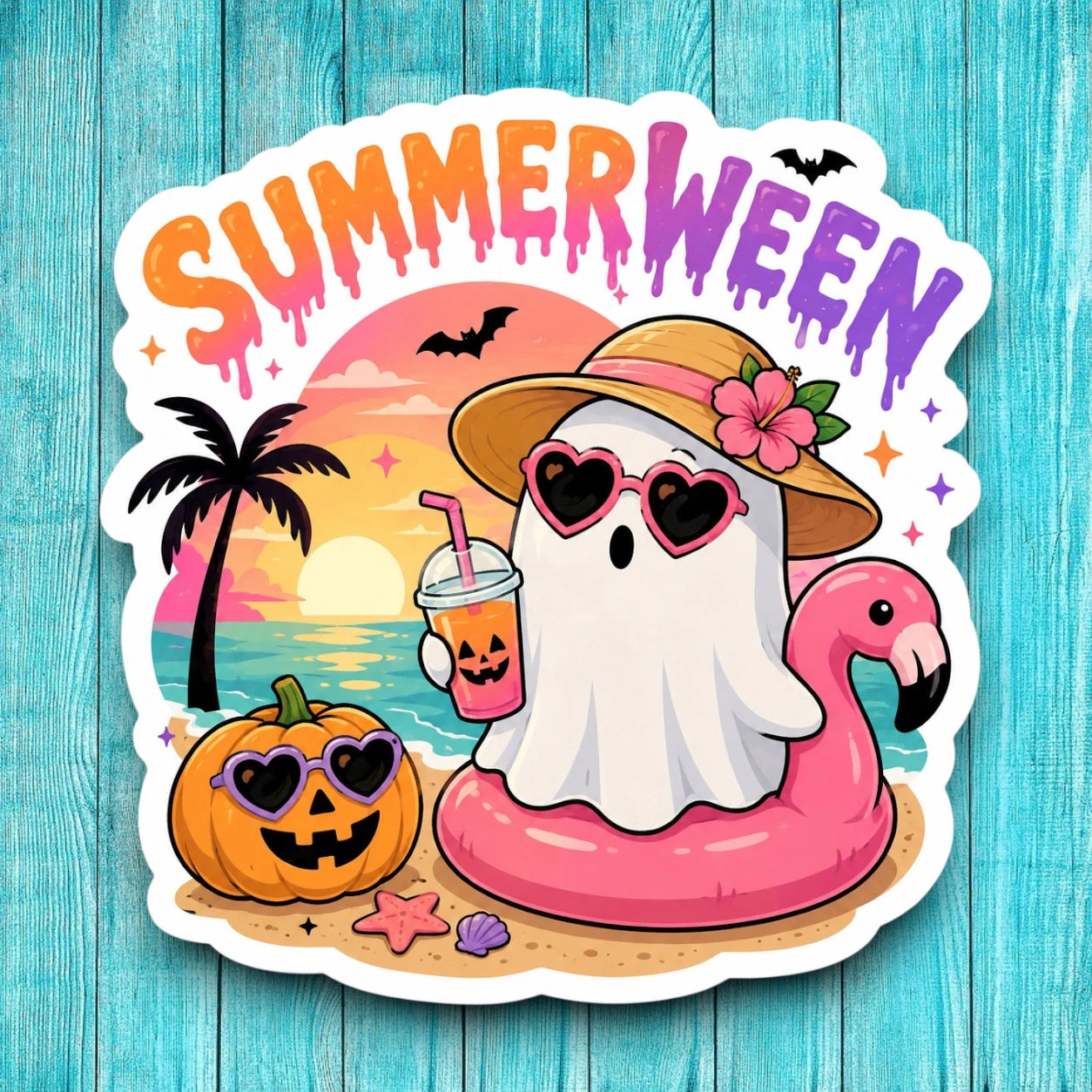 Cute Summerween ghost sticker, spooky Halloween beach pool float vinyl decal, tropical flamingo floatie, jack-o-lantern drink, pink heart sunglasses, palm tree sunset graphic.