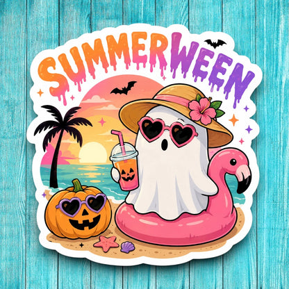 Cute Summerween ghost sticker, spooky Halloween beach pool float vinyl decal, tropical flamingo floatie, jack-o-lantern drink, pink heart sunglasses, palm tree sunset graphic.