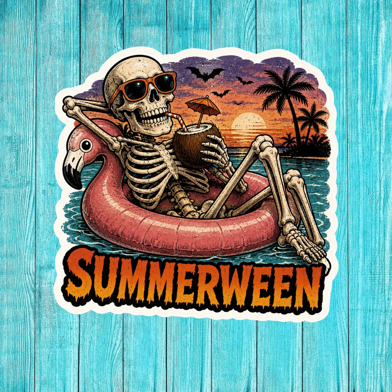 Funny Summerween skeleton sticker, spooky Halloween beach pool float vinyl decal, tropical flamingo floatie, coconut drink, orange sunglasses, palm trees sunset graphic.