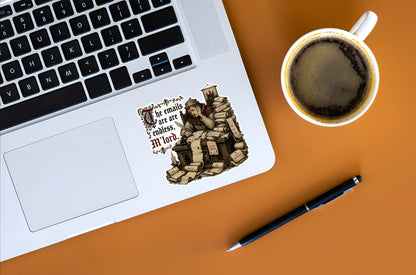 The Emails Are Endless M’lord sticker displayed on a silver laptop beside coffee