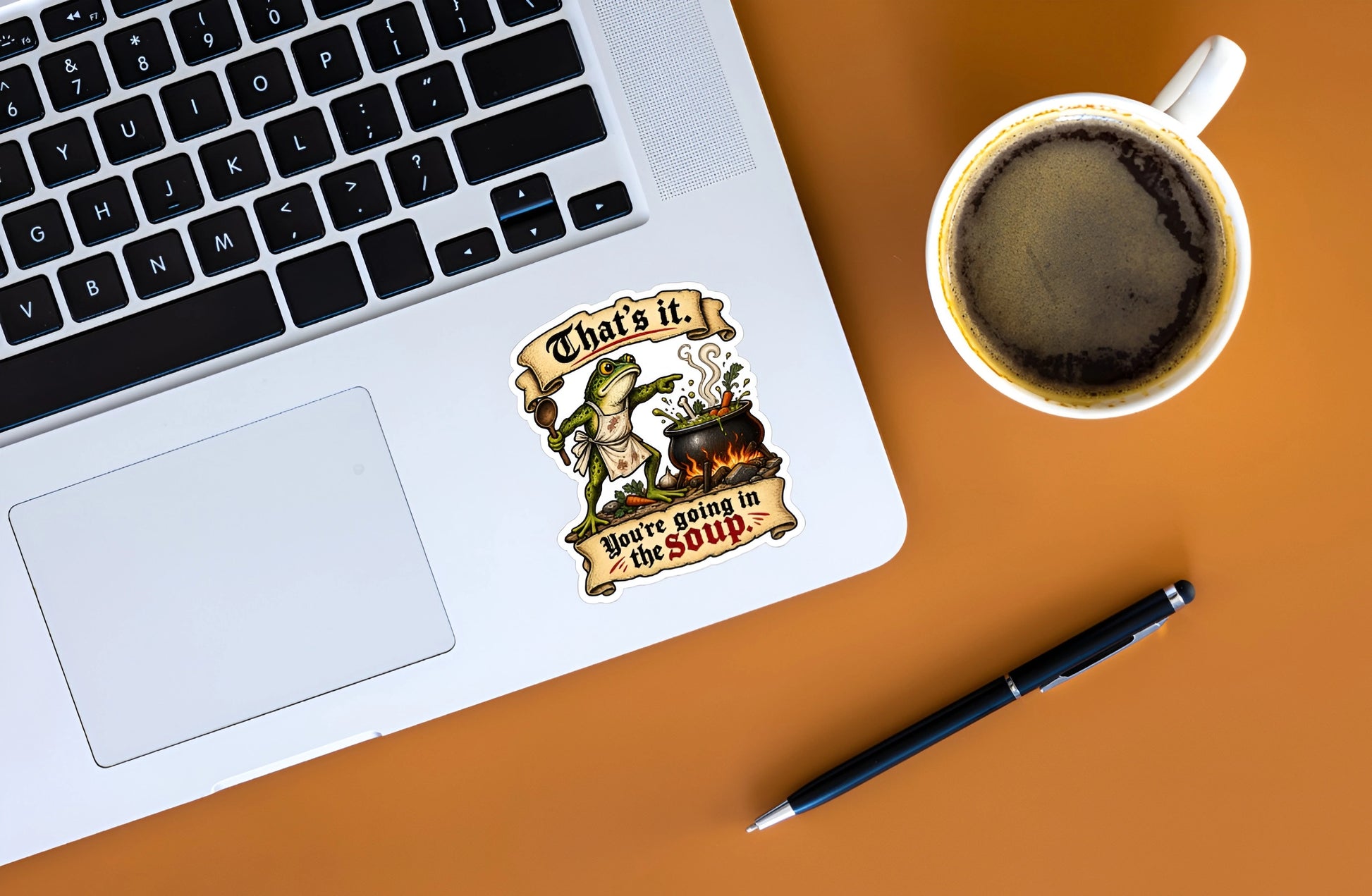That’s It You’re Going in the Soup funny frog sticker displayed on a laptop
