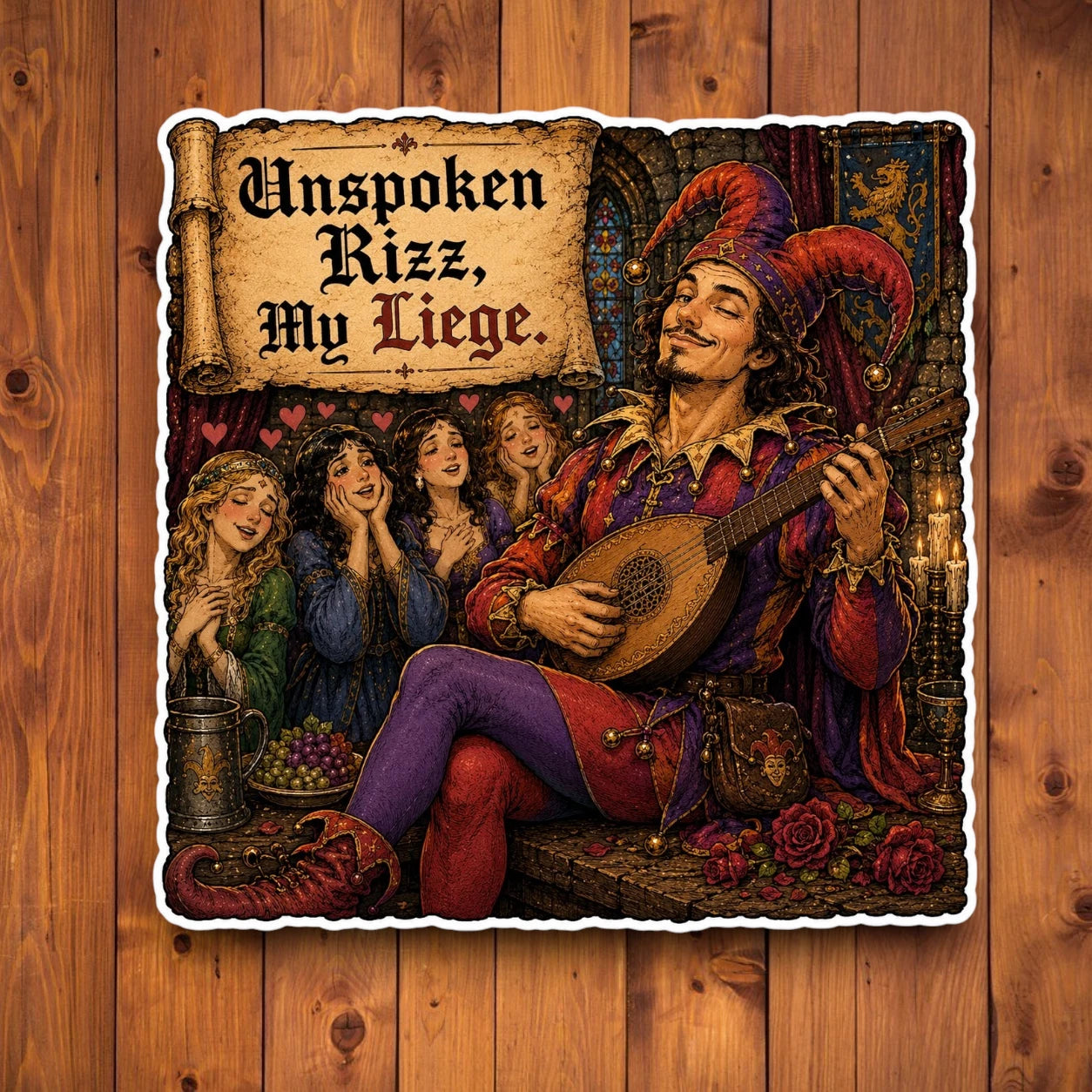 Unspoken Rizz My Liege funny medieval jester sticker featuring a bard playing lute with admirers in the background