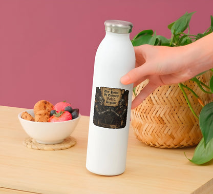 Funny medieval skeleton knight sticker reading Thy Point Is Entirely Valid Brother on a white water bottle