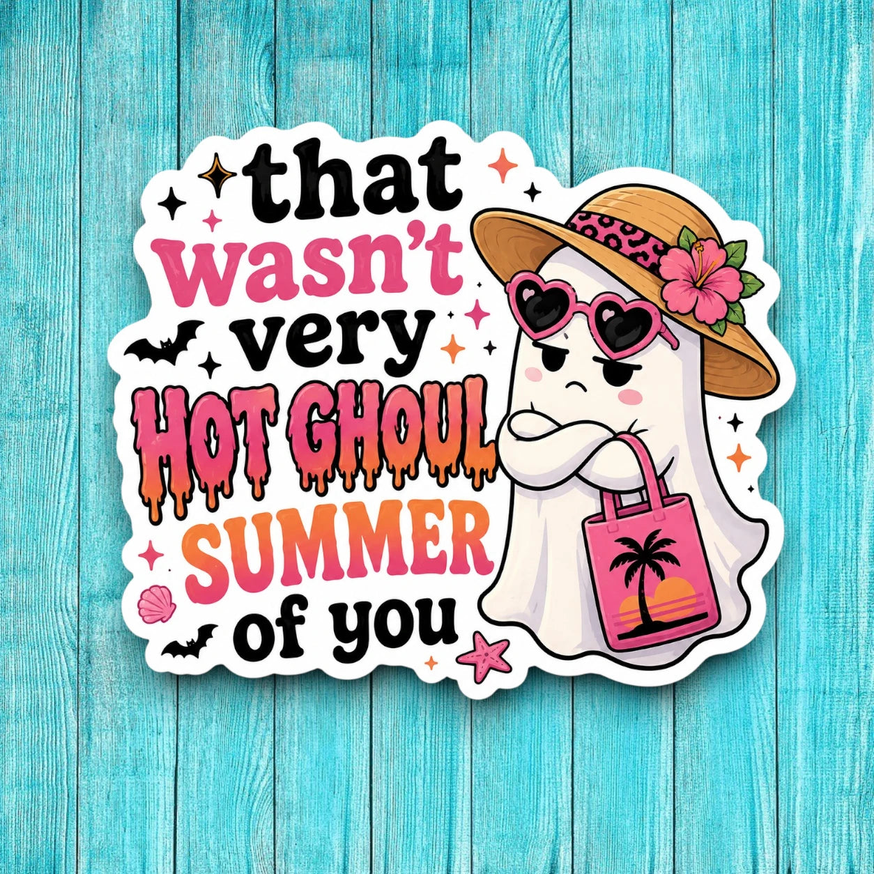 Funny Hot Ghoul Summer ghost sticker, cute Halloween beach vinyl decal, tropical ghost in straw hat and pink heart sunglasses with sunset beach tote bag graphic.