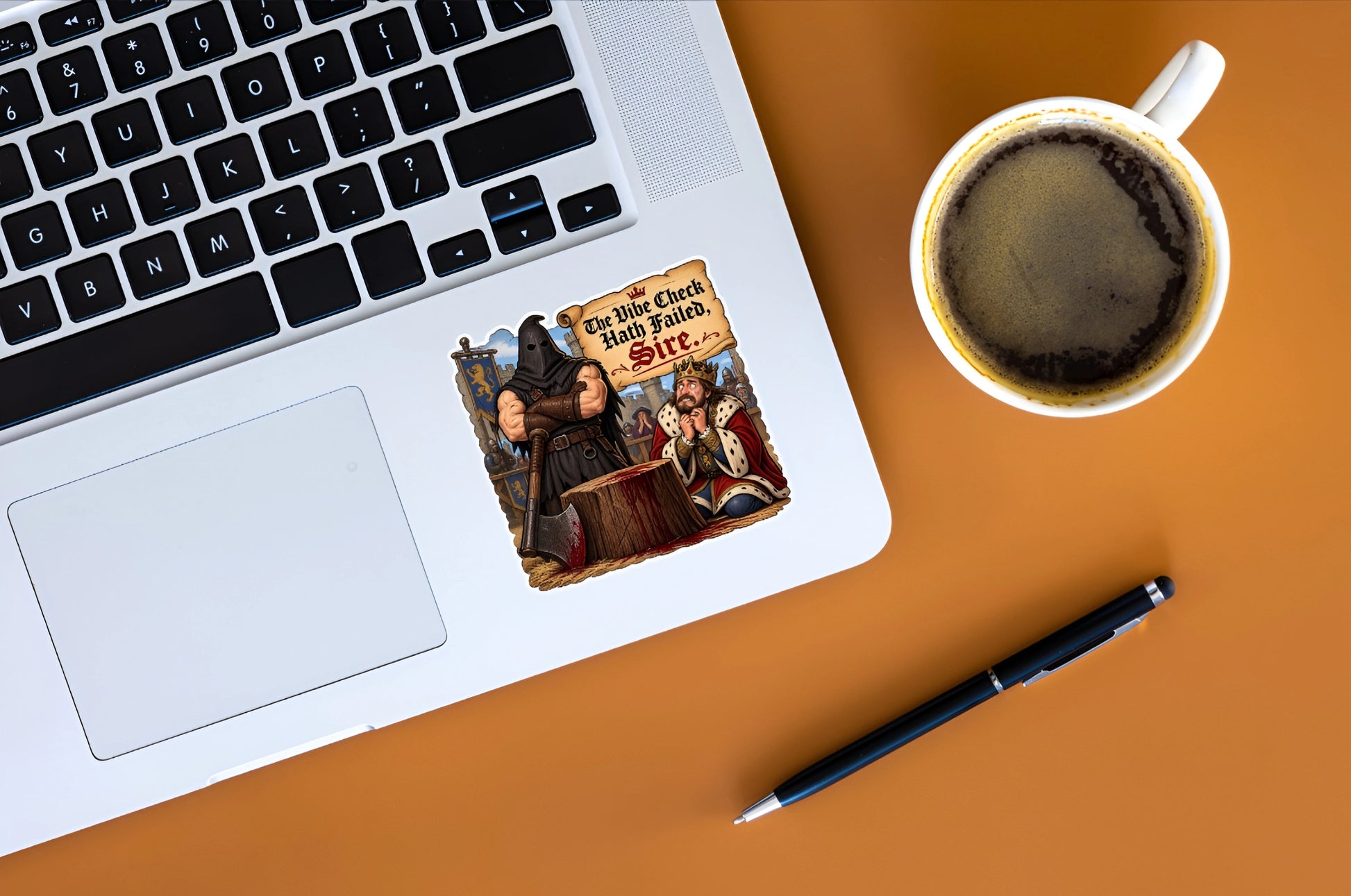 The Vibe Check Hath Failed Sire medieval meme sticker displayed on a laptop