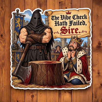 The Vibe Check Hath Failed Sire funny medieval sticker featuring an executioner, worried king, and dark humor meme text